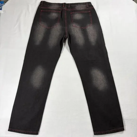 Mens Black Distressed Jeans Size 38 Slim Fit Red Stitch Grunge Streetwear NWT Y